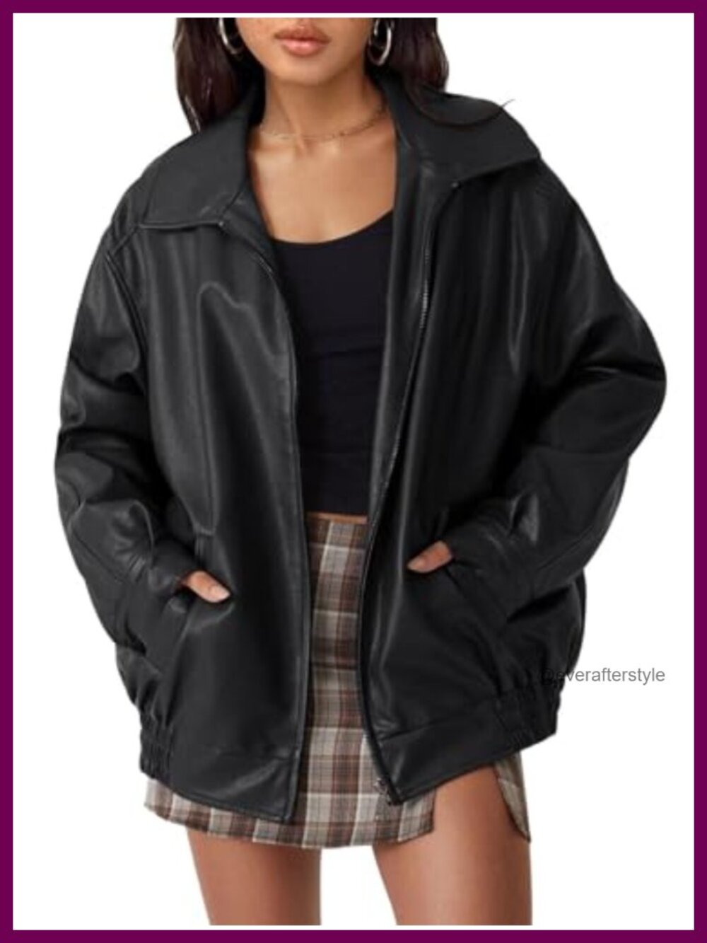 Oversized Faux Leather Zip Up Moto Bomber Jacket Womens Fall Winter Coat